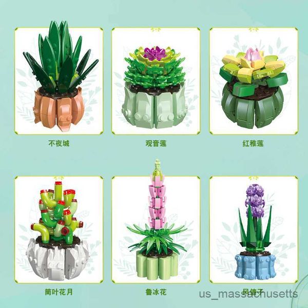 Blocchi 6 pezzi/set piante in vaso fai -da -te giacinth succulenti cactus lotus bonsai giardini romantici blocchi di costruzione modello b kit kit kit giocattolo r230817