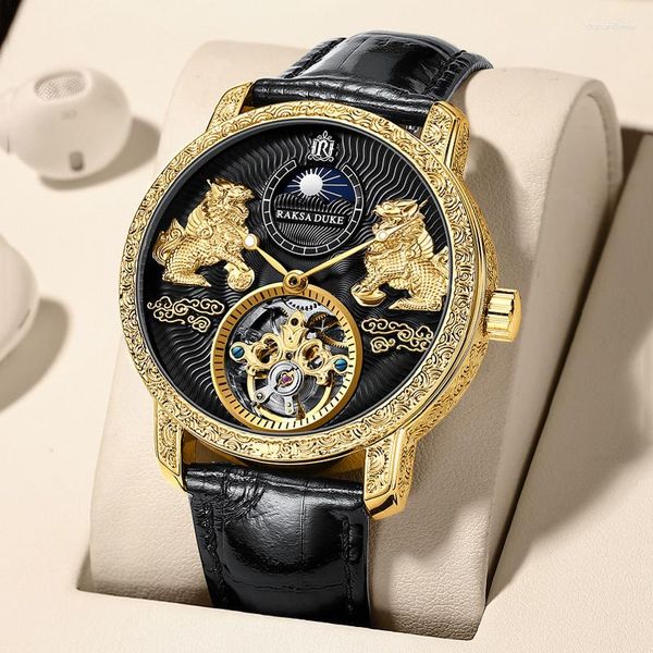 Armbanduhr Top Brand Fashion 3d Kirin Dial Tourbillon Leder Herren Automatische mechanische wasserdichte Uhren -Uhr -Uhr Reloj