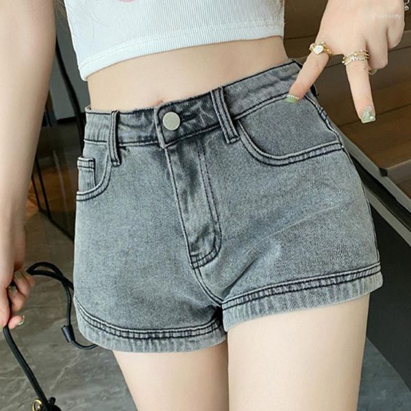 Jeans femininos coreanos da cintura alta de jeans de verão retro A-line shorts meninas calças elásticas