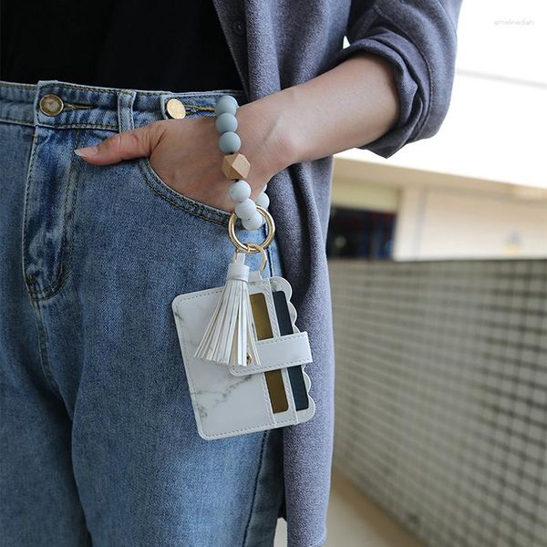 Schlüsselanhänger 2023 Mehrfacher Schlüsselbundholz -Holzperlen Schlüsselring und Kartenbrieftasche PU Leder O mit passenden Armbandtasche für Frauen Mädchen