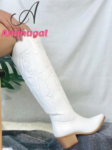 Stiefel Dropship Cowboy Cowgirls Western Stiefel weiße Knie High Stiefel Frauen große Größe 41 bequeme wandelnde Stapel -Heeled Vintage Shoes 230816