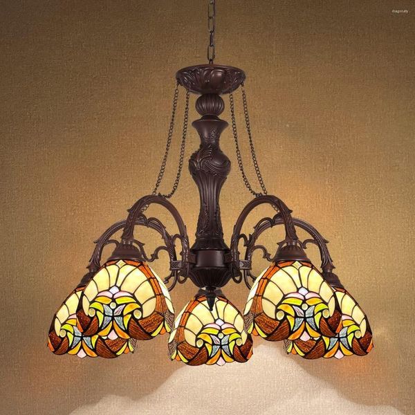 Anhängerlampen Tiffany Hanging Lampe Kronleuchter für Esszimmer 5 Leuchten Buntglas Küchenbeleuchtung Antiquitätenstil