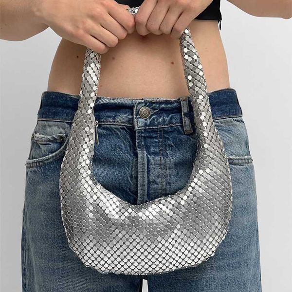 Hobo Fashion Metal Mesh Women Bull Borse Designer Silver Lady Borse Borse Shinny Hobos Party Pulses Small Azzurra per le ascelle HKD230817