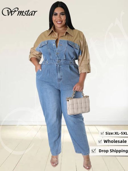 Frauen in Übergrößen Hosen Wmstar Denim Jumpsuit Frauen Patchwork Knöpfe Langarm Mode Taschen Elastische Taille Strampler Großhandel Drop 230816