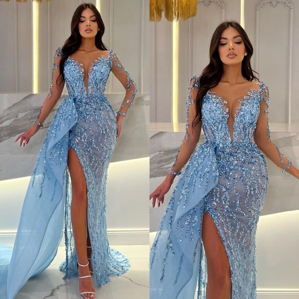 Elegante himmelblaue Meerjungfrau Abendkleider Illusion gegen Nacken Langarme Pailletten Party Abschlussball Kleid geteiltes langes Kleid für besondere Anlässe