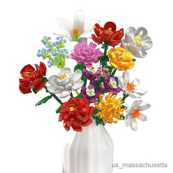Blöcke Bausteine ​​Bouquet 3D Blumenmodell Kinder DIY Interactive Toys Home Decoration Pflanzenpflanzen für Kinder Spielzeuggeschenke R230817