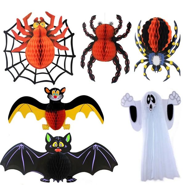 Decorações festivas de halloween papel pendurado aranha bastão fantasma favo de mel enfeites