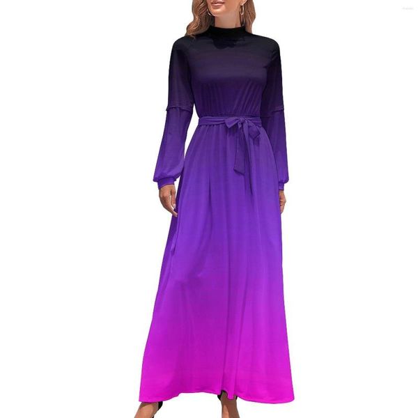 Lässige Kleider Gradientenkleid Schwarz violett und rosa Kawaii Muster Maxi hoher Nacken Langarmer Streetstyle Long