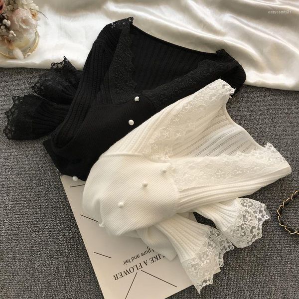 Kadın Sweaters Tatlı Seksi Dantel Gömlek V Boyun Siyah Beyaz mahsul kazak forması Sueter Mujer Jumper Bahar Dış Giyim Kükürme Üstü