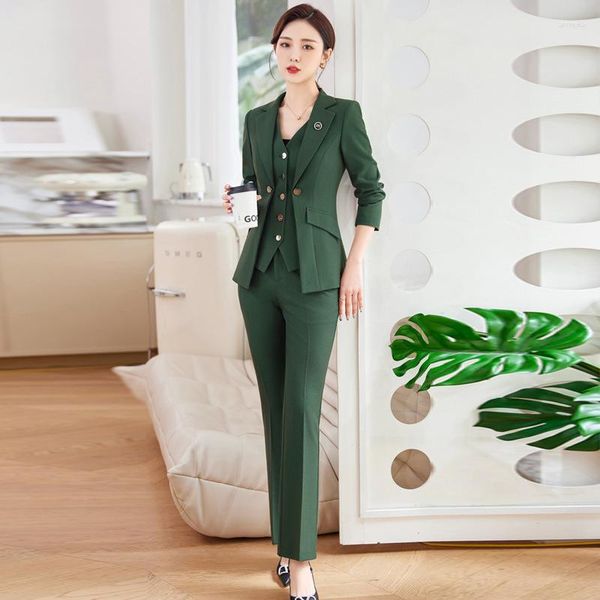 Office di moda per due pezzi da donna Office di moda Ladies Green Pant Abito da donna Manica lunga Giacca Formale Parente Parente Single Sfrigo