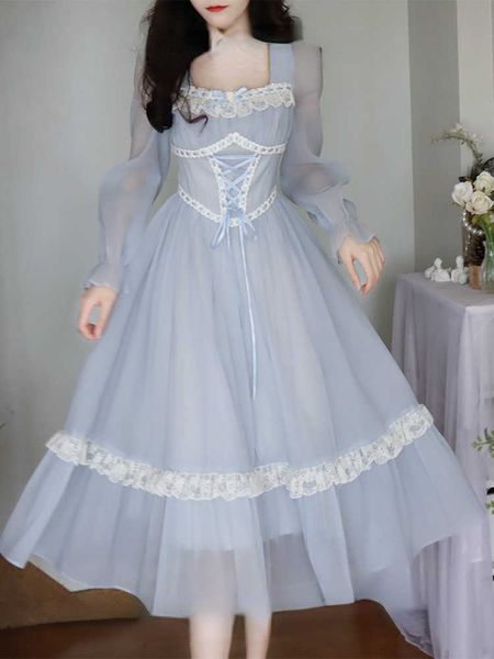 Blau Französisch Vintage süße Dres Bow Spitze koreanische Art mit mittlerer Kleidung weibliche Langarmes Elegante Party Fairy Spring 230808