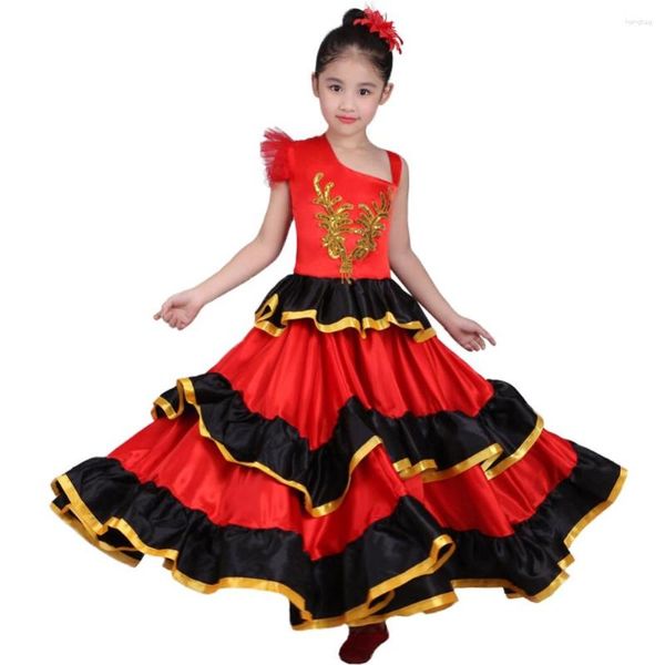 Bühnenbekleidung Kinder Mädchen Red Belly Dance Kleid Spanisch Flamenco Kostüm Ballsaal Stammes mit Kopfblume