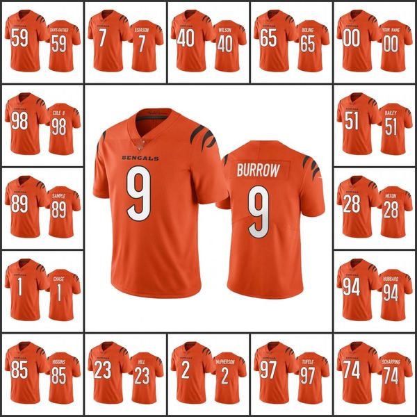 Cincinnatibengalsmen 9 Burrow 28 Joe Mixon 1 Jamarr Chase 2 Evan McPherson Kadınlar Gençlik Turuncu Özel Buhar Limited Jersey