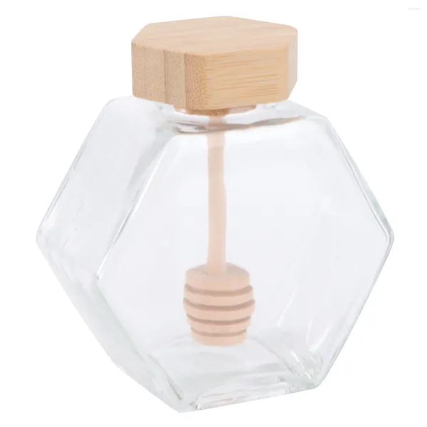 Geschirrsets klares Glas Honigglas mit Dipper Holzdeckel Sechskant Form Pot Marmelade Sirup Spender Behälterhalter für zu Hause