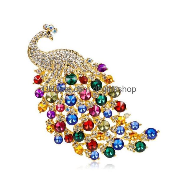 Pins spille di moda rhinestone pavone uccello donna di bellezza animale animalette per spille per spilli regali per la consegna di gioielli dhuja