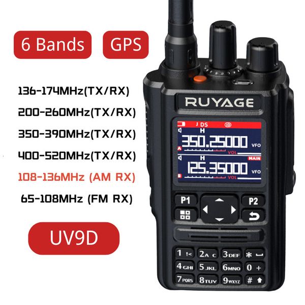 Walkie Talkie Ruyage UV9D GPS 6 Bandas amadoras amadoras de duas maneiras Rádio 256CH banda de ar vox dtmf sos lcd color scanner aviação 230816