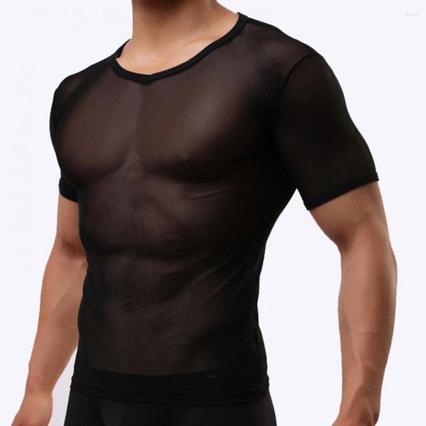 Magliette da uomo a magliette top top slim fit maschi t-shirt colpne il collo che cavo out mesh sport cool