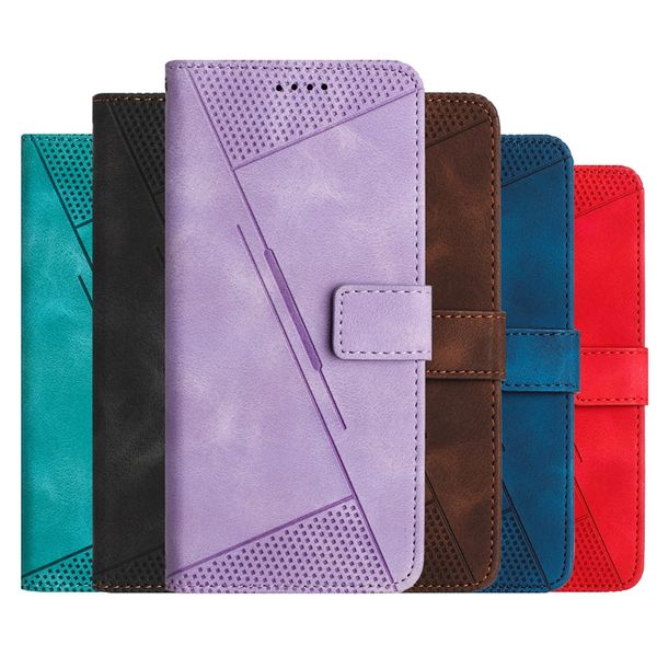 Capas carteira de couro triangular para Samsung S24 Plus S24 Ultra A05 A05S A15 A25 Xiaomi 14 Pro Redmi 13C Xiaomi 13T Linhas verticais Cash ID Card Slot Holder Flip Cover Bolsa