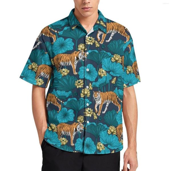 Camicie casual da uomo camicia per vacanza di tigre gialla loto stampone stampato a foglia hawaian uomo camicette a maniche corte design a maniche corte grandi dimensioni grandi dimensioni