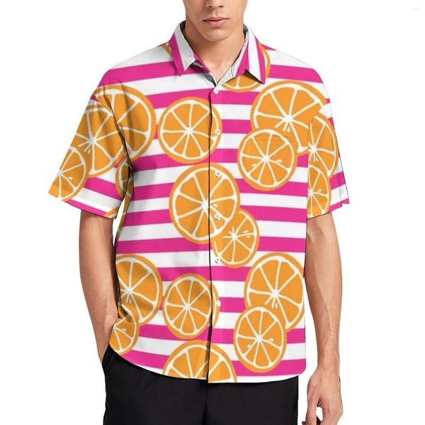 Camisas casuais masculinas Camisa de laranjas camisa de férias rosa e branco listras de verão blusas estéticas tampas de manga curta de manga curta plus size