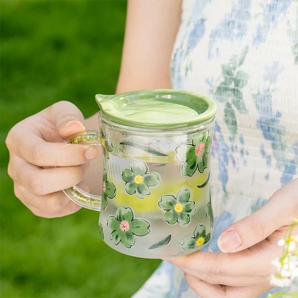 Weingläser Glasbecher mit Keramikdeckel 400 ml Sommer Luxus Cups Skala Tee Trennwand Blumenpanda gedruckt süße runde Hausgetränkware