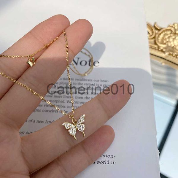 Подвесные ожерелья 925 Sterlsilver Diamond Butterfly Double-Layer Choker Ожерелье для женщин простые дизайны хрустальные элегантные подарки Wedjewelry J230817