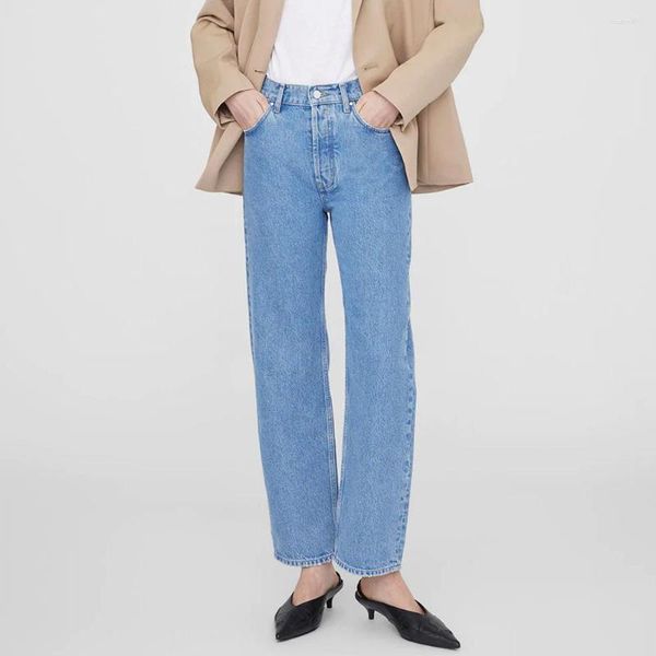Kadınlar kot zessam düz renk yüksek bel gevşek düz kadın düğmesi cep pamuk uzun geniş bacak pantolon gündelik vintage pantolon 2023