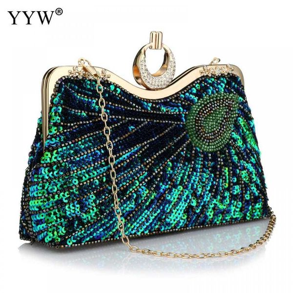 Hobo Vintage Damen -Clutches Abendbeutel mit Peacock -Muster Pailletten Perlen Brautkupplungen Luxus Mini Handtasche Prom HKD230817