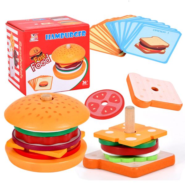 Sports Toys Montessori Finja Food Simulação de madeira Hamburger Crianças Educacional DIY Forma de cor Comparação de tabuleiro 230816