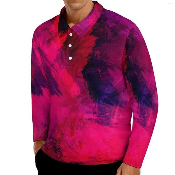 Herren Polos Pinsel Druck Poloshirts Mann rotes abstraktes Gemälde Casual Shirt Herbst Trendy Kragen Langarm Langarm Custom übergroße T-Shirts