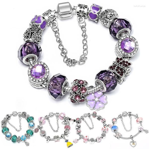 Jóias de coração roxo Strand Sweet Glass Diy Bads Original Bracelet Girls Butterfly Flowers Acessórios de moda Presente