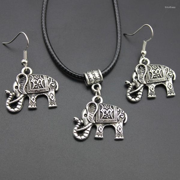 Orecchini di collana set ciondolo in acciaio inossidabile a forma di elefante vintage e cuoio 12 set/lotto