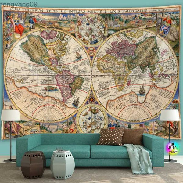 Tapestres mapa do mundo Tapestry parede medieval pendurado kawaii decoração caseira boho decoração de quarto vintage mito grande de tecido de mito de tecido de tapeçaria de tapeçaria r230817