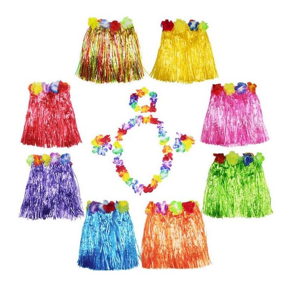 30 conjuntos de 30 cm de saia de grama havaiana + 4pc Lei Conjunto para Criança Luau Fantasia Fantas Costura de Flores de Flores de Flores de Flores de Flores