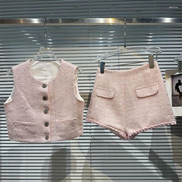 TRABALHOS MULHERES SHORTS SUMPLARIO DE VERÃO FRANCESSO CELEBRIDADE FRANCÊS LUZULO Pequeno colete rosa Top Top Slim Age Reduzindo roupas de duas peças