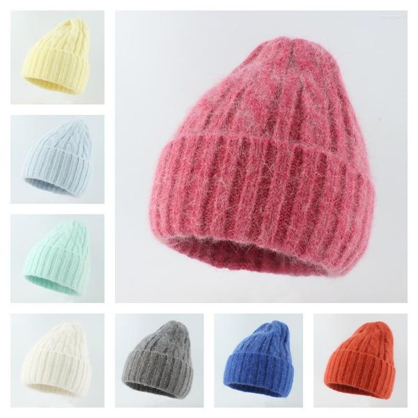 Berets Herbst- und Winter Angora Fell gestrickt Crimped Pullover Hut Männer Frauen Feste Farbe im Freien warme Ski Schädel Beanie Cap