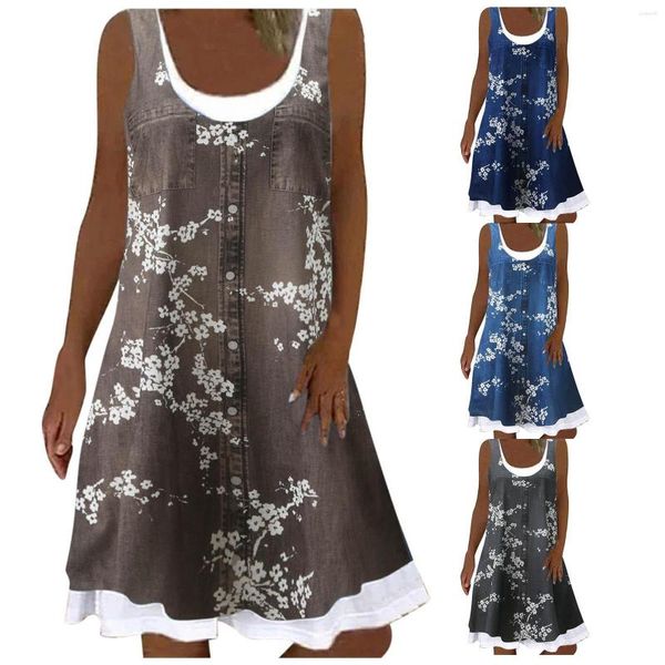 Lässige Kleider Frauen Sommerkleid Crewneck gedruckt zweiteiligen Tank Ärmel und locker fließend Midi Sunddress Wrap