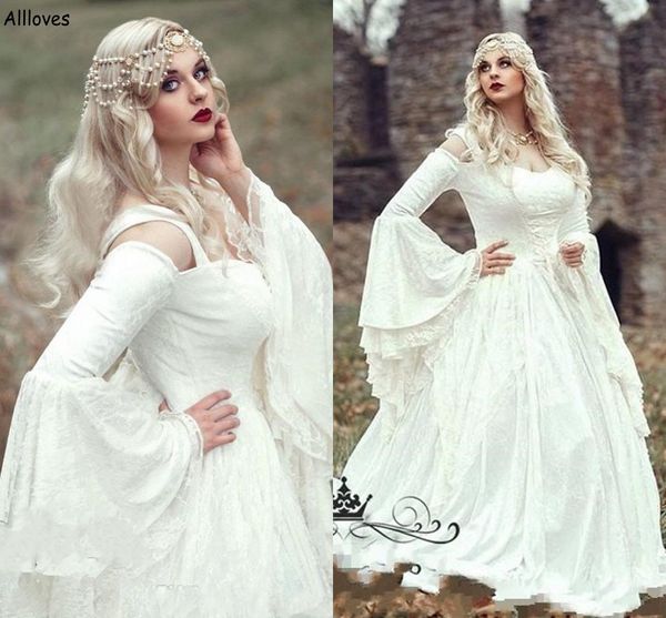Vestidos de renda renascentista de bola gótica vestidos de noiva com capa de plus size vintage sino de manga longa de manga longa princesa medieval Princesa
