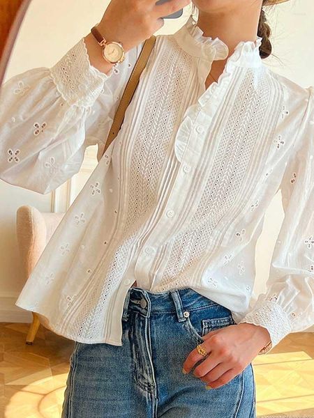 Kadınlar bluzları Boho İlham Zarif Ofis Ladies Gömlek 2023 İlkbahar Yaz Kadınlar Teps Uzun Kollu Şövbe Beyaz Pamuk Bluz