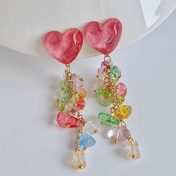 Brincos de costas Bohemia Stones esmagadas irregulares Tlassel Clip feminino Pedra rosa doce Longo para mulheres Jóias de casamento