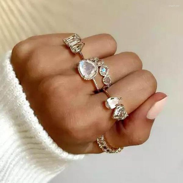 Anéis de cluster 925 Sterling Silver Iced Out Bling Water Drop Heart Heart Cz pavimentado Ajustar anel Anel de ouro Moda feminina jóias de dedos