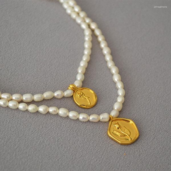 Anhänger Halsketten französische Süßwasser Reis Perle sanfte Vintage Rose Tulpe Goldene Münze Halskette Sommer Chic Colarbone Kette für Frauen