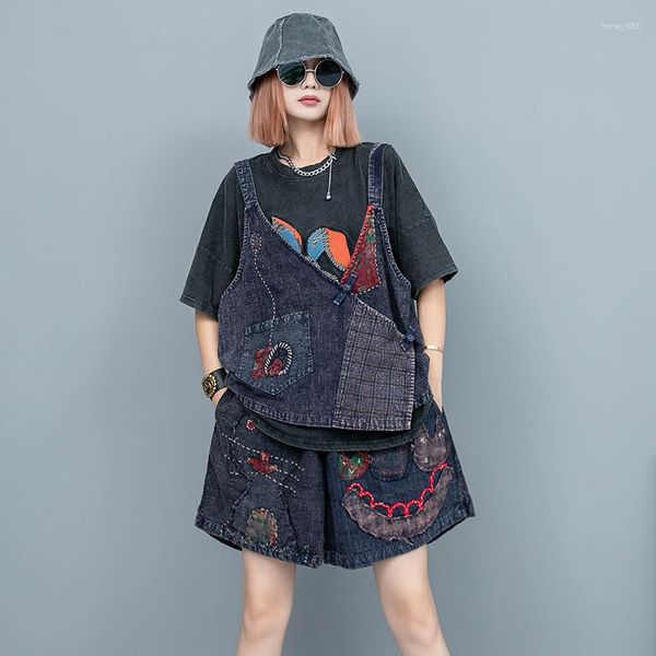 Mapu-trajes femininos pesados ​​na indústria bordada mapa de pano antigo, shorts colete shorts de duas peças feminino 2023 traje de moda de verão