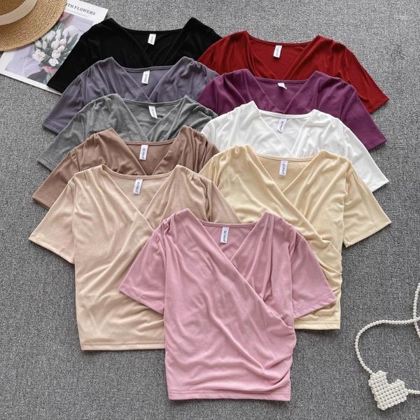 Frauen T-Shirts sexy grundlegende schlanke T-Shirt Korean Fashion Crop Top Kurzarm V-Ausschnitt Tees Frauen lässige Sommerhemd Kleidung