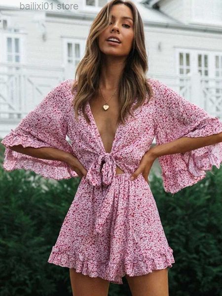 Tute da donna Rompers Bell Bell Sleeve Floral Boho Plavorfuit Frumper Summer Women Beach Playuit da gioco elegante V Neck Pink Genper Women Fashion 2023 T230817