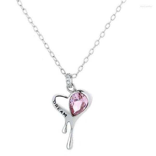 Anhänger Halsketten Vintage unregelmäßig herzförmige rosa Kristall Halskette Silber Farbe Schlüsselblatt Kette Frauenparty Schmuck Schmuck