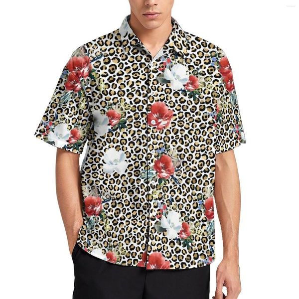 Camicie casual maschile leopardo floreali rossi e bianchi camicia per vacanza di fiori hawaii y2k camicette uomini grafici di grandi dimensioni