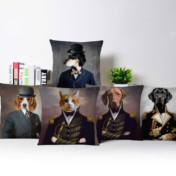 Pillow Case Hundekatze Tiere Cosplay Poster Kissen Deckung Europäische Tiere in militärischen Uniform Dekoration S für Sofa HKD230817