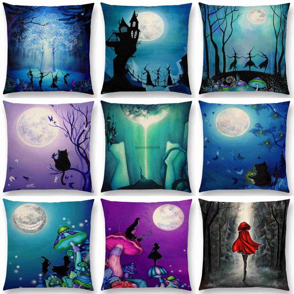 Pillow Case 45x45cm süße Katzenmagie -Mond Nacht Wunderland Jade Wald Hexe Halloween Tanzkissen Cover Polyester Sofa Home Cover HKD230817
