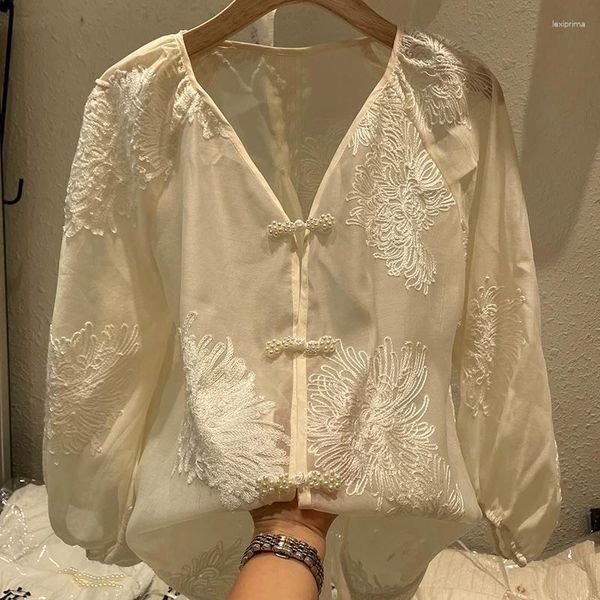 Frauenblusen hochwertige gestickte Hemden Herbst Langarmed Button Up Super Fairy Silk Top 2023